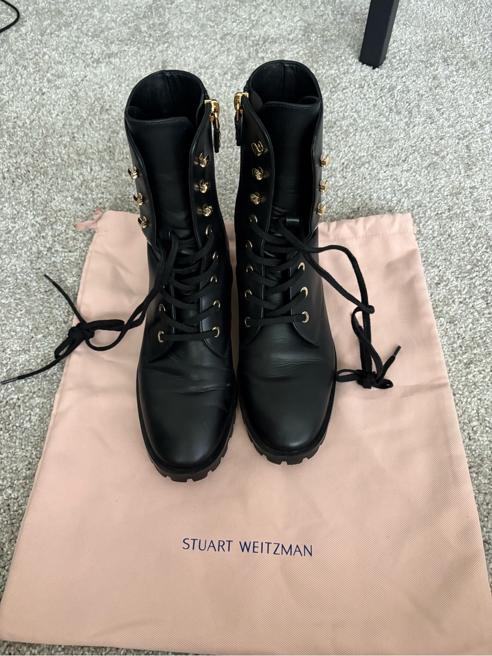 Stuart Weitzman Black Leather Lace-Up Boots with Gold Hardware